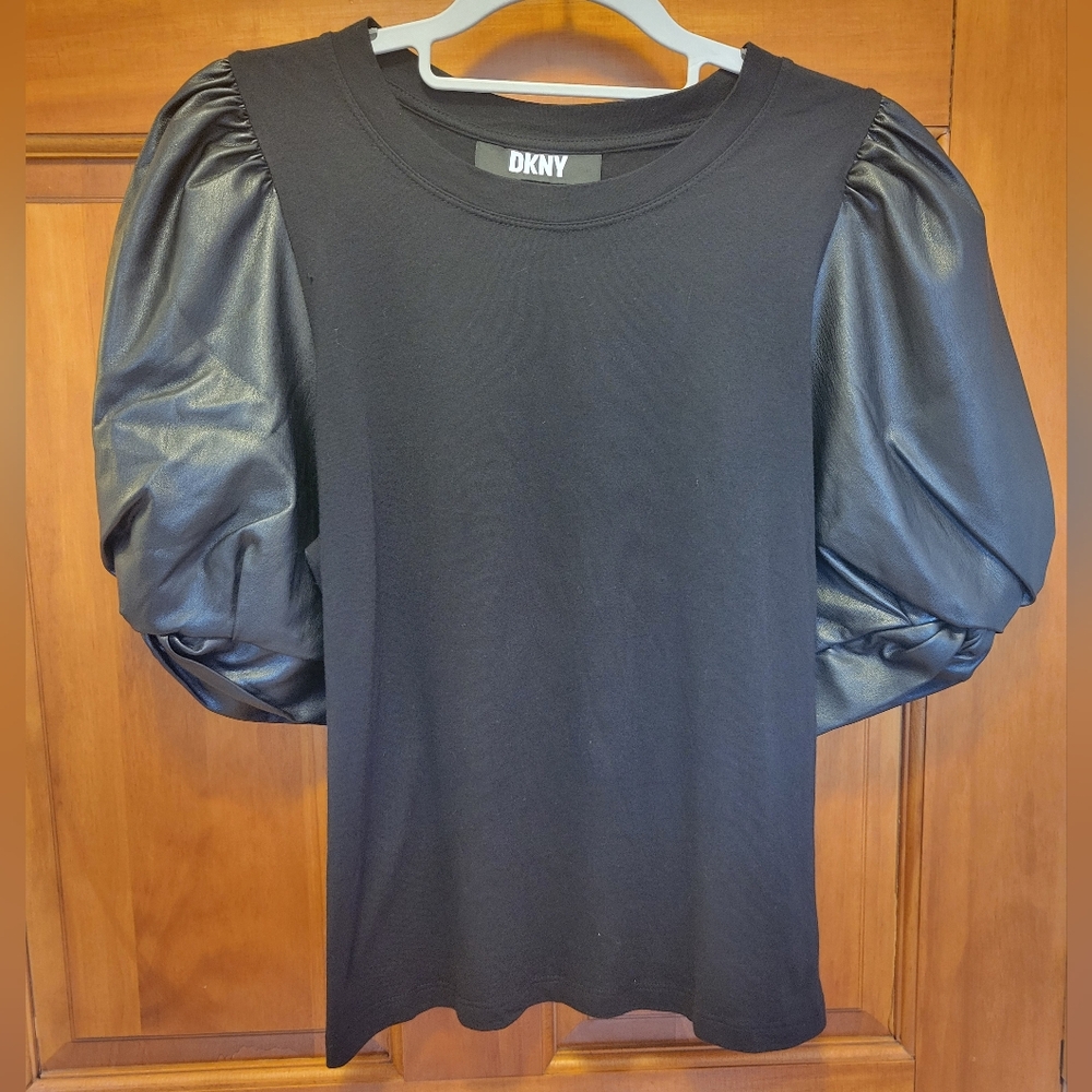 DKNY Black Top with Faux Leather Sleeves